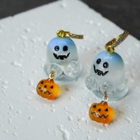 Halloween Ghost and Pumpkin Hoop Earrings. - Picture 2 of 4
